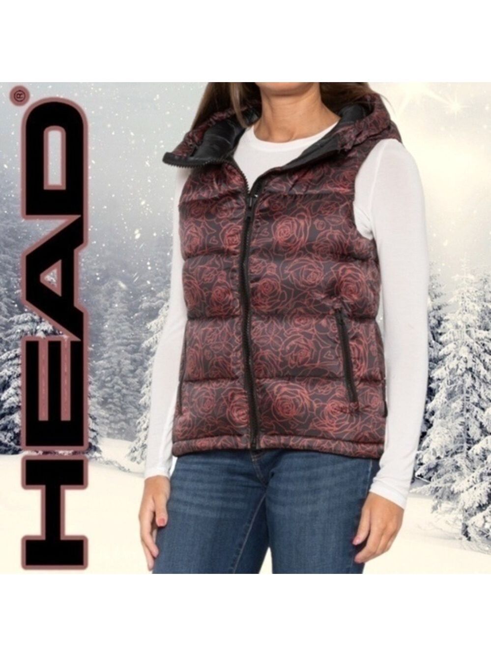 HEAD Rebels Star Phase Metallic Floral Print Duck Down Hooded Vest NWT/Sz 8